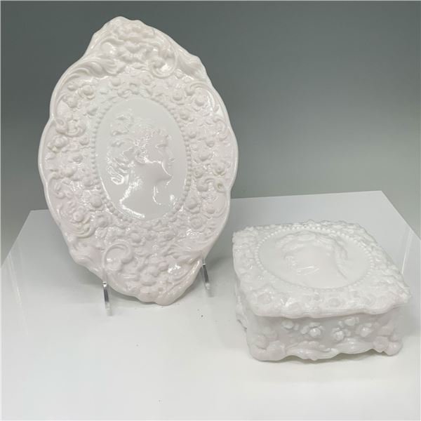 2pc Fostoria Jenny Lind Milk Glass Handkerchief Box and Tray