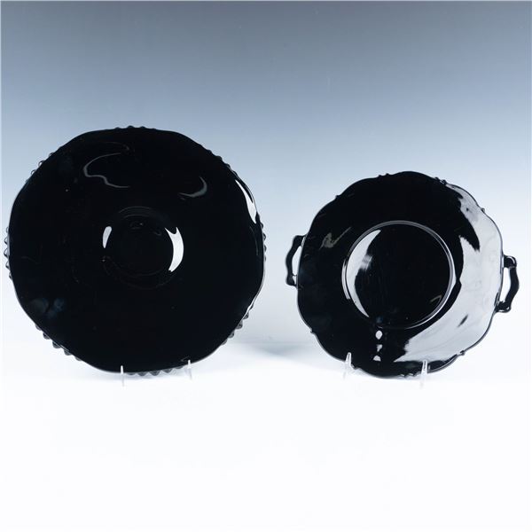 2pc Vintage Black Glass Cake Stand and Serving Tray