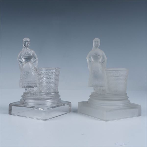 2 Pressed Clear and Frosted Glass Maiden Toothpick Holders
