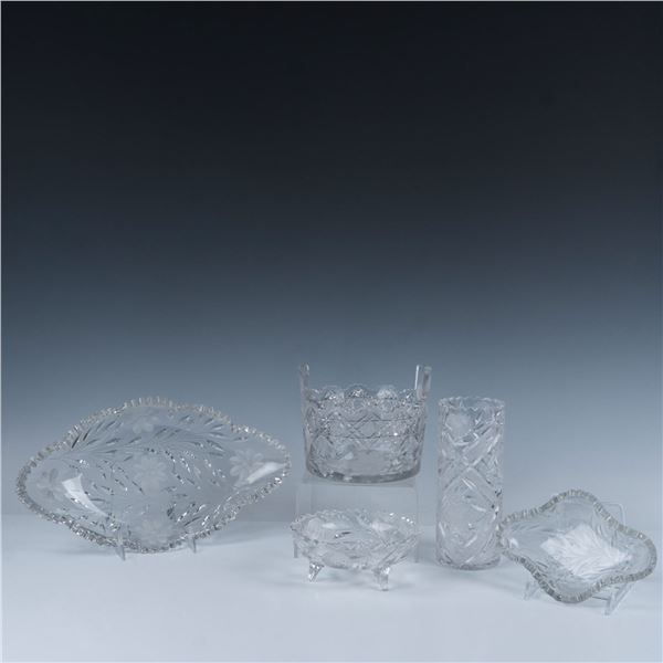 5pc Vintage Cut Glass Dishes Bowl Ice Bucket and Vase
