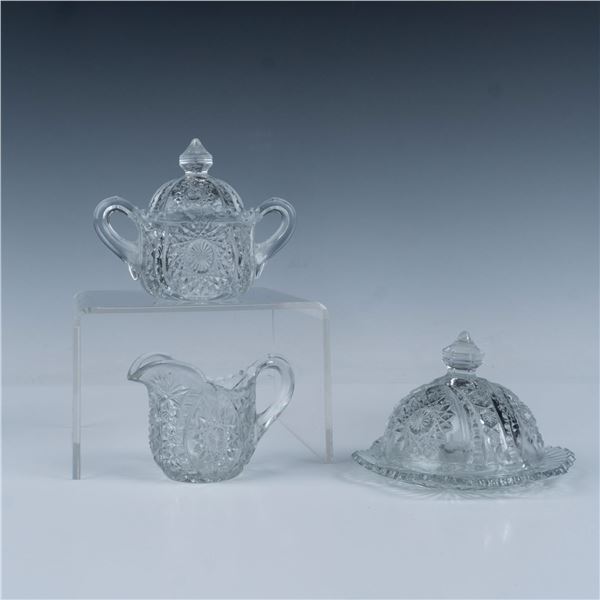 3pc EAPG Clear Creamer, Covered Sugar, Covered Round Butter