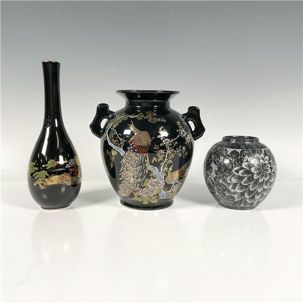 3pc Otagiri and Asian Art Black Motif Vases