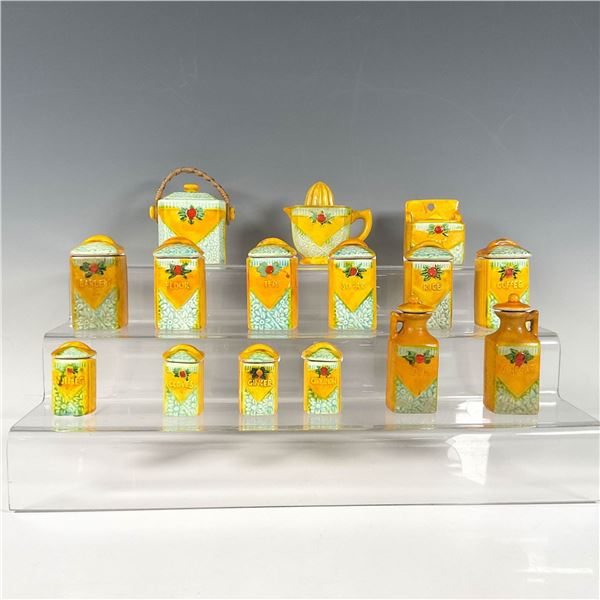 15pc Japanese Miniature Ceramic Spice Jugs, Juicer, & Basket