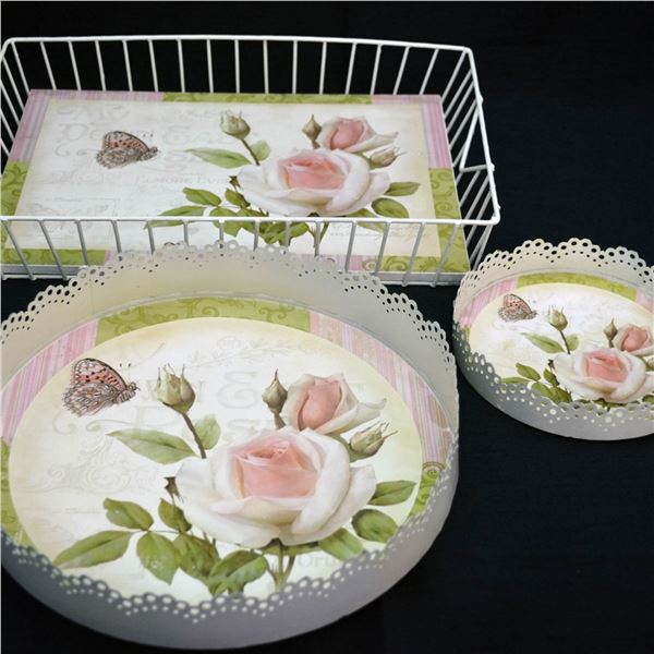 3Pc Circular Rose Motif Trays & Rectangular Wire Tray