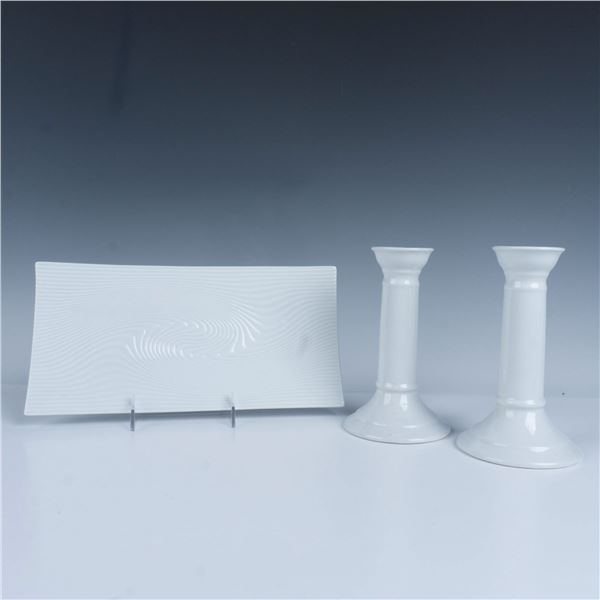 3pc Apilco French Porcelain Candlesticks & Tray