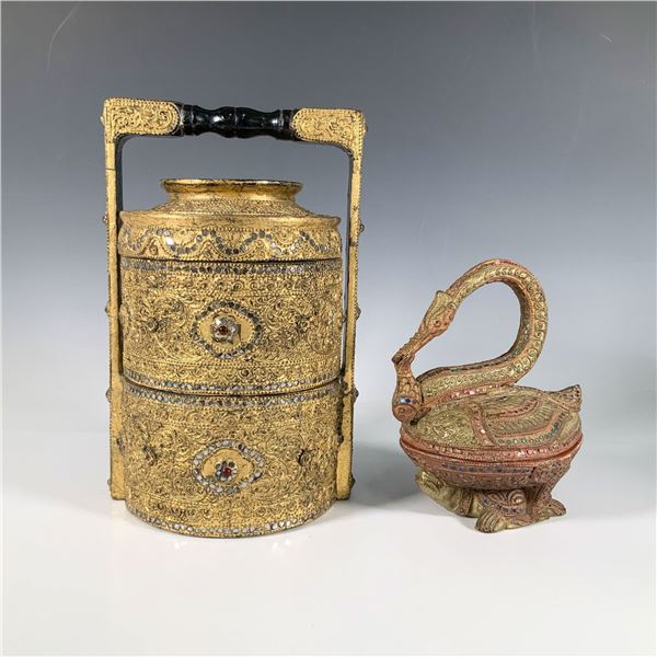 2pc Asian Gold Wooden Tiffin Box & Bird Lidded Bowl