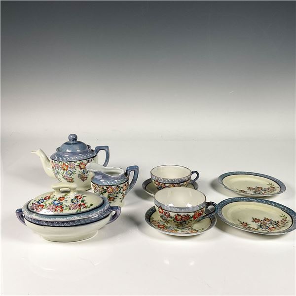 9pc Vintage Japanese Blue Floral Pattern Luster Tableware