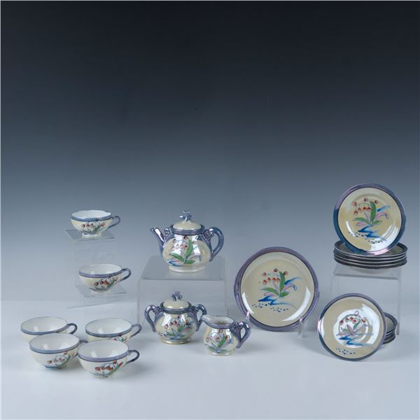22pc Japanese Ceramic Art Red Lily of the Valley Tea Set