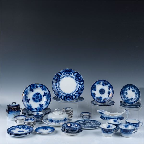 71pc Flow Blue China Table Ware Grouping