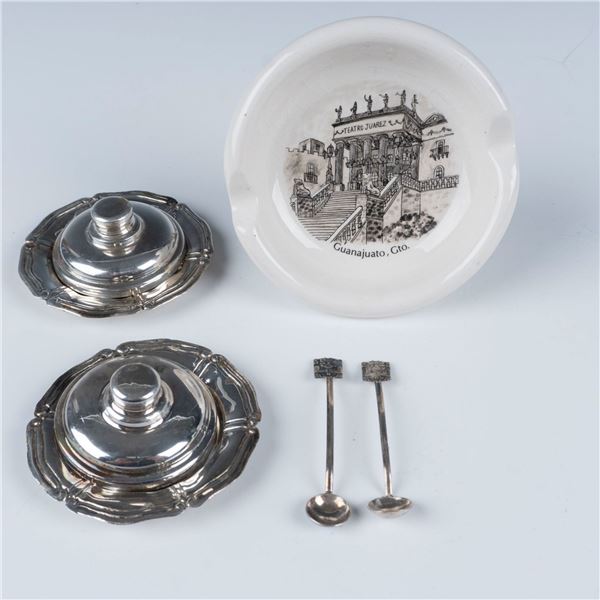 7pc Mexican Ashtray and Silver Plated Miniature Spice Dishes
