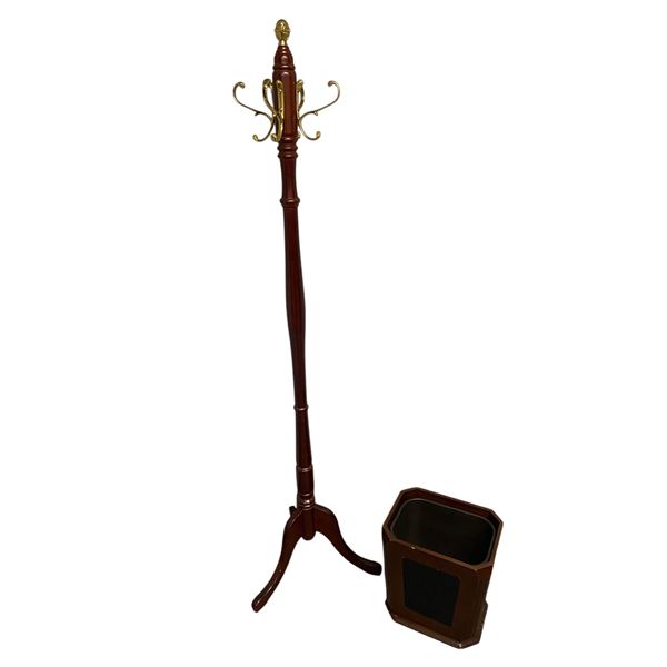 Solid Maple & Brass coat rack & garbage can (64 H)