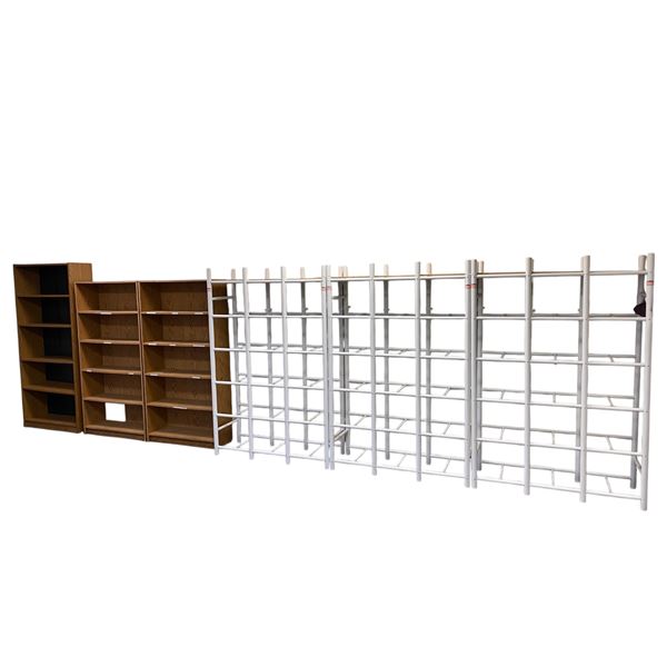13 pc - x3 wood book cases & x10 white racks (68x45x17")
