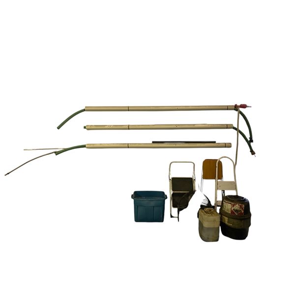 Group lot - Misc. hoses, floor fan, step ladders, bin of misc. couplers