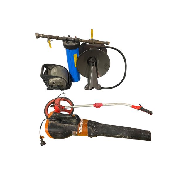 5 pc - Air King floor fan, Measuring wheel, wall mounted reel, inline water filter & Worx turbine 60