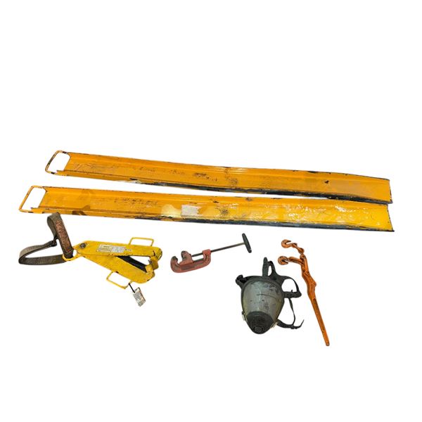 6 pc - Forklift fork extensions, protective PPE full face respirator, forklift lifting beam