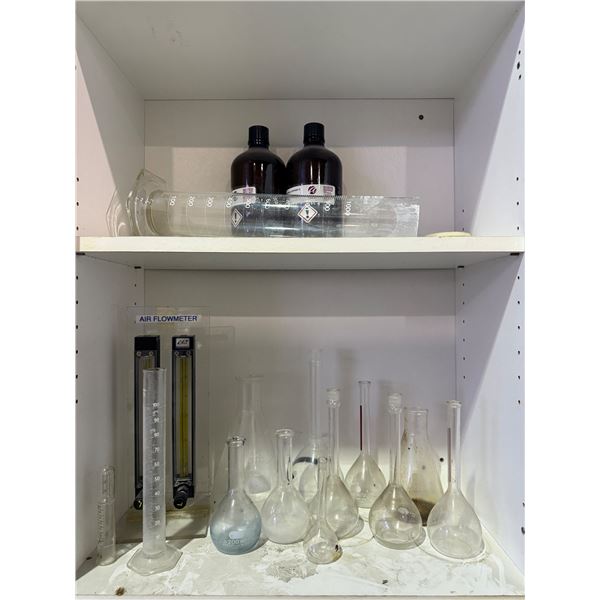 2 shelves - Misc. lab glass - graduated cylinders & x2 bottles of Citronella