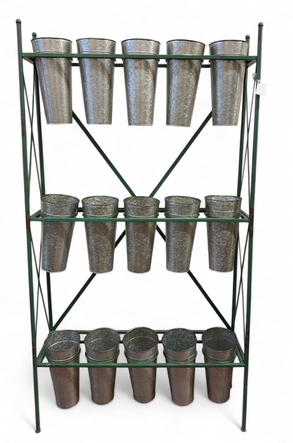 Metal framed 15 pot display rack w/ galvanized vases/pots - 35x11x64