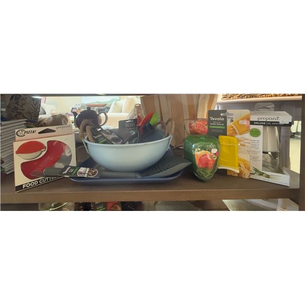 Group - Misc. kitchen utensils including bowls, oil mister, pizza cutter, can opener, spatula, etc.