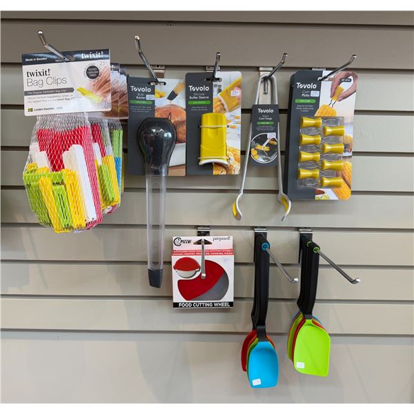 Group - Bag clips, baster, corn flipper, butter tool and picks, pizza cutter, measuring spoons, spat