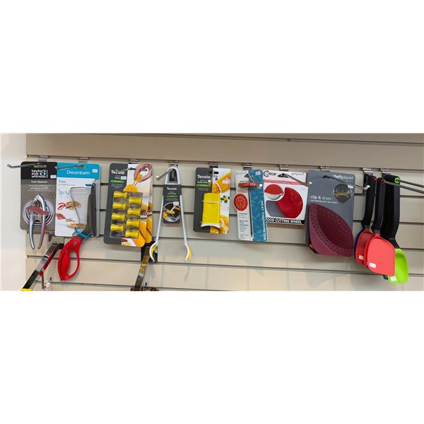 Group - Can opener, pizza cutter, corn picks, tongs, butter tool, meat thermometer, strainer, measur