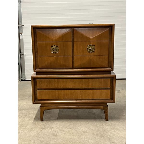 Mid Century Satin Walnut Diamond Front Tallboy Dresser - Approx: 40.25x19" & 47.5"T