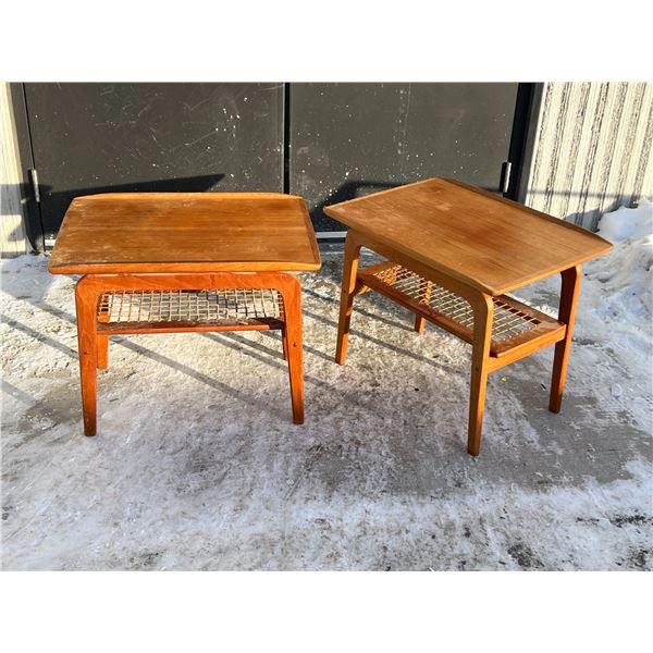 Mid Century Teak & Cane Two Tier Side / End Tables - Approx: 25.5x18.5" & 21"T see all photos