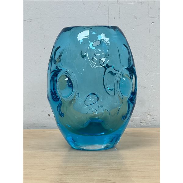 Stunning Op Art Mid Century Heavy Thick Aqua Blue Glass Vase - Approx: 6.25"T 4.5"W