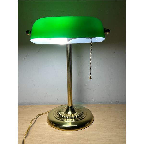 Brass with Green Glass Shade Bankers / Table Lamp - Approx: 15.5"T 10.5"W