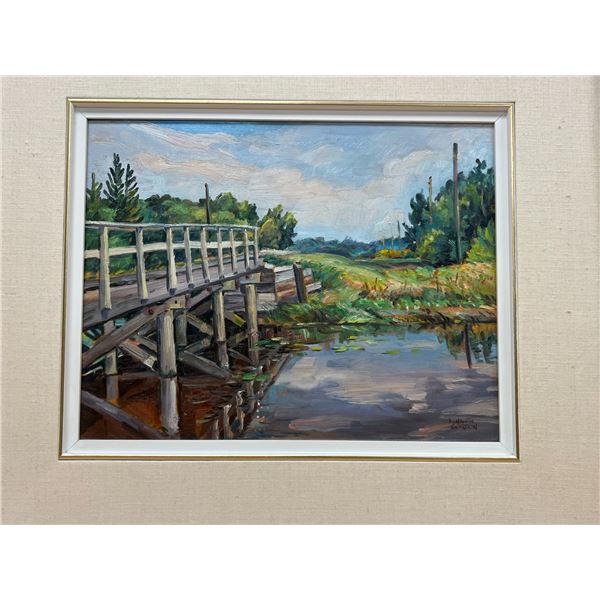 "Bridge Over Willow Creek / Man" - Kenneth Gordon Oil on Board - Frame: 22.75x19.75"