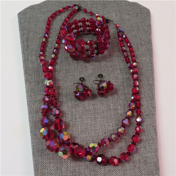 SHERMAN red bead necklace, bracelet and clip on earrings - see description/photos