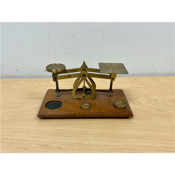 Small Brass English Scale On Wood Base - Base approx: 7x4"