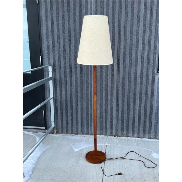 Mid Century Teak Floor Lamp - Works - shade has creases/wear - see all photos
