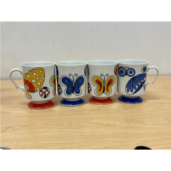 4 Mid Century Mushroom / Butterfly Pedestal Coffee mugs - one has knick, see photos