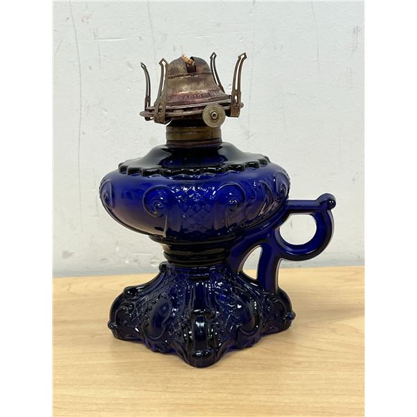 Vintage Cobalt Blue Glass Princess Feather Oil Lamp - nice, 7" tall, see all photos