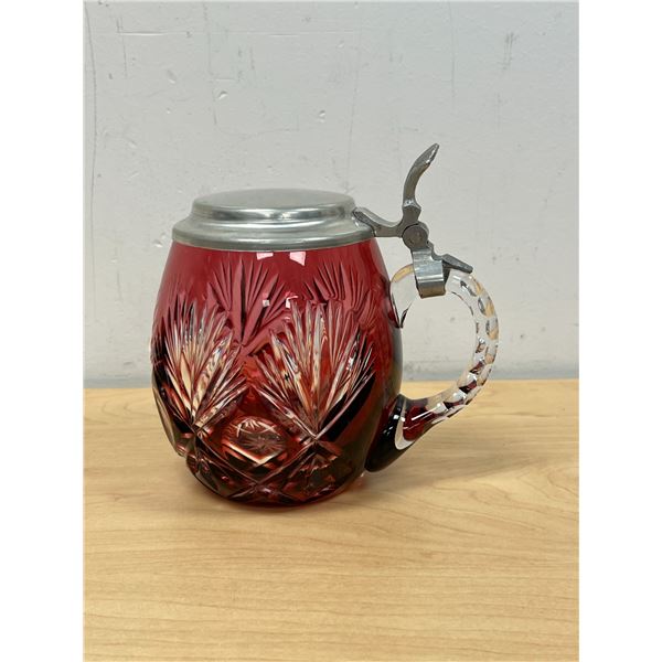 Ruby Red Cut Crystal Beer Stein Mug - nice - approx: 6" tall
