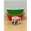 Image 1 : 2 Pyrex 2 Qt. Round Casseroles with One Lid & Hazel Atlas Circus Mug
