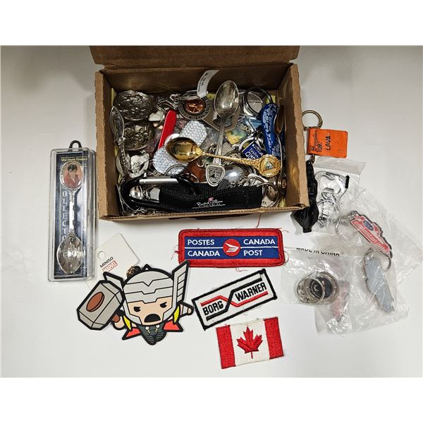 ASSORTED VINTAGE KEYCHAINS PINS SPOONS