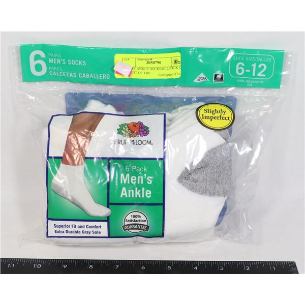 WHITE ANKLE SOCKS,6-12,PACK OF 6,FRUIT OF THE