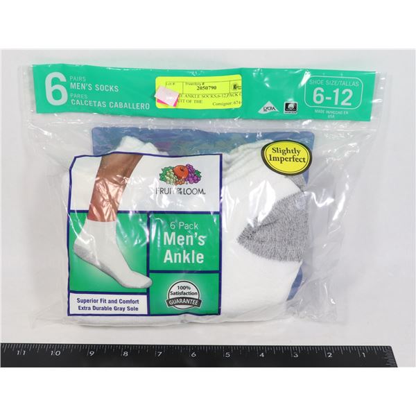 WHITE ANKLE SOCKS,6-12,PACK OF 6,FRUIT OF THE