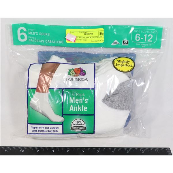 WHITE ANKLE SOCKS,6-12,PACK OF 6,FRUIT OF THE