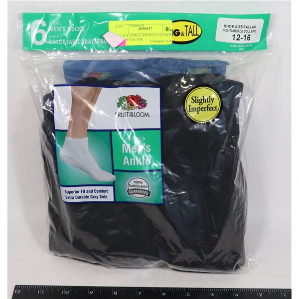 BLACK ANKLE SOCKS,12-16,PACK OF 6,FRUIT OF THE