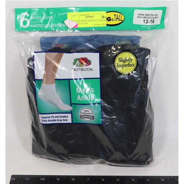 BLACK ANKLE SOCKS,12-16,PACK OF 6,FRUIT OF THE