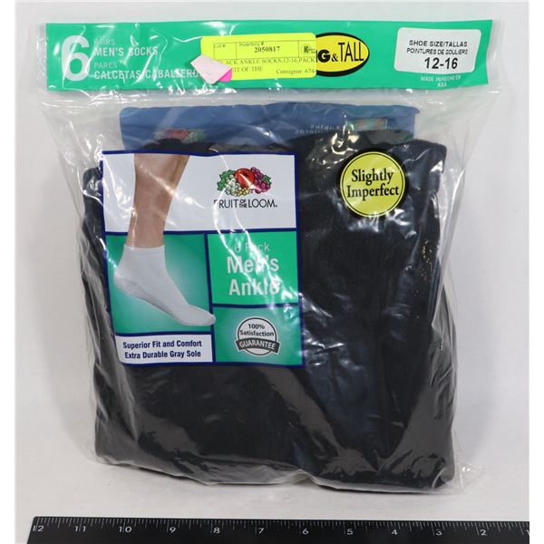 BLACK ANKLE SOCKS,12-16,PACK OF 6,FRUIT OF THE
