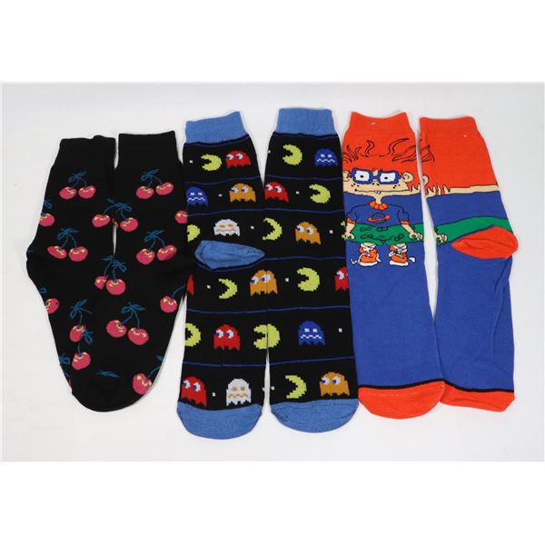 3 NEW PAIRS OF ADULT SIZE MIXED FUN PATTERN THEME