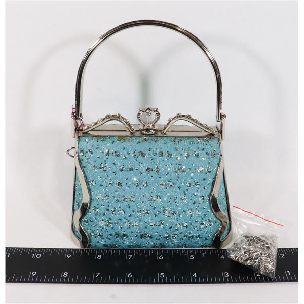 NEW TURQUOISE SPARKLE LACE AND METAL EVENING BAG