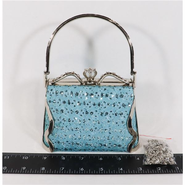 NEW TURQUOISE SPARKLE LACE AND METAL EVENING BAG