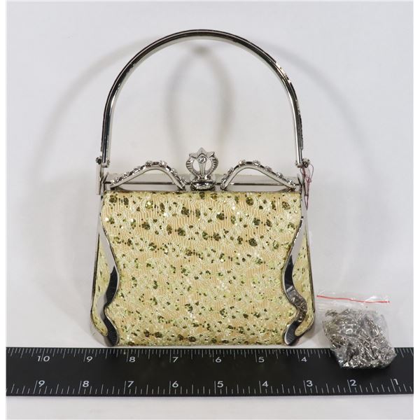 NEW YELLOW SPARKLE LACE AND METAL EVENING BAG