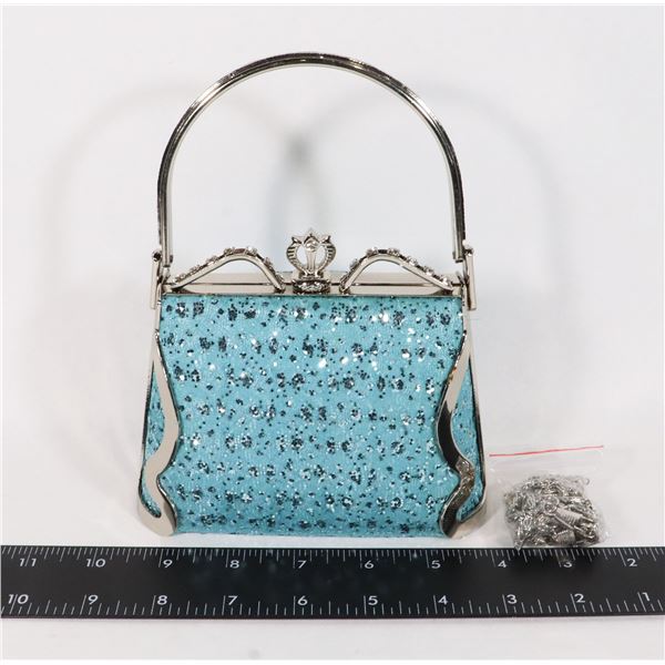 NEW TURQUOISE SPARKLE LACE AND METAL EVENING BAG