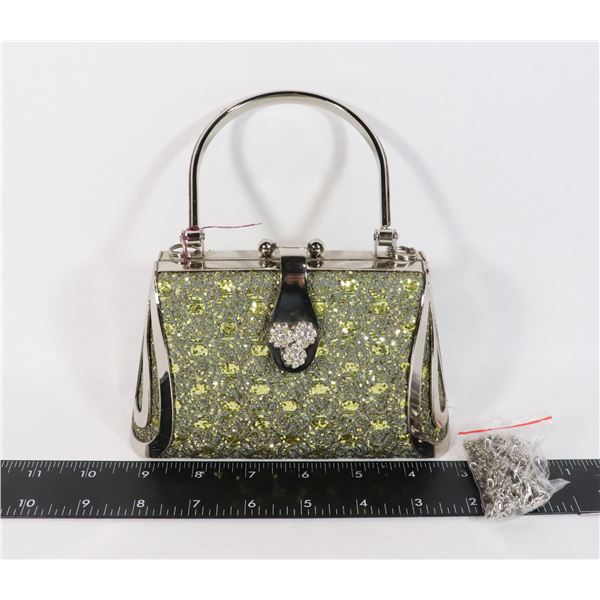 NEW SAGE/YELLOW SPARKLE LACE AND METAL EVENING BAG