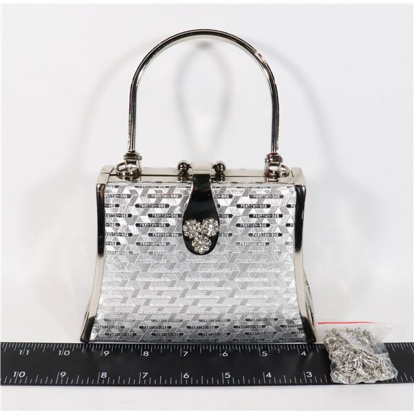 NEW SILVER TONE WITH METAL EVENING BAG